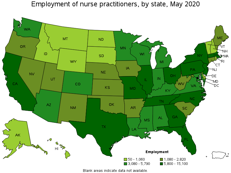 Employment of Nurse Practitioners, by state, May 2020