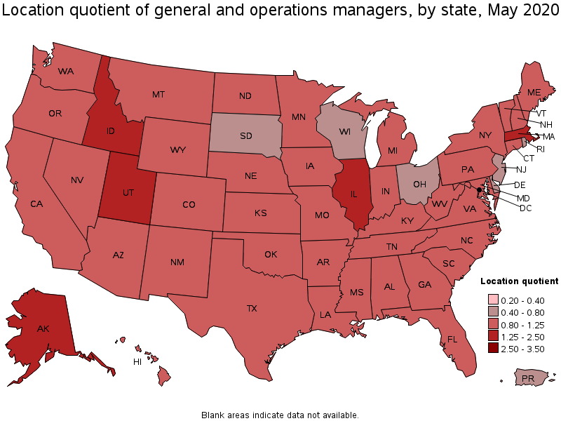 Location Quotient of General and Operations Managers, by state, May 2020
