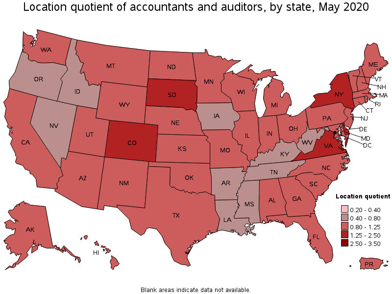 Location Quotient of Accountants and Auditors, by state, May 2020