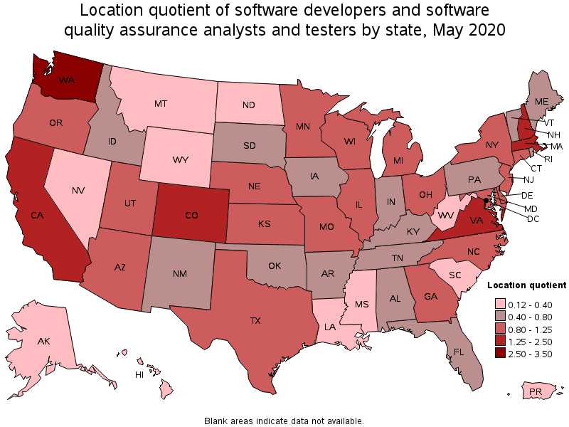 Location Quotient of Software Developers and Software Quality Assurance Analysts and Testers, by state, May 2020