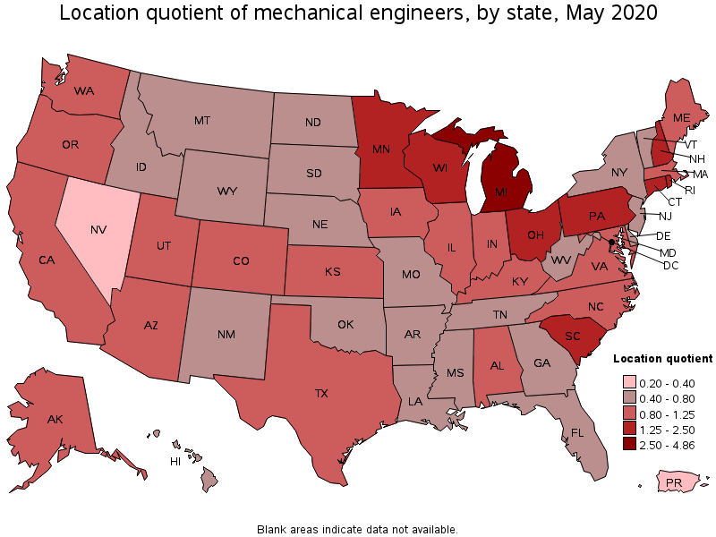 Location Quotient of Mechanical Engineers, by state, May 2020