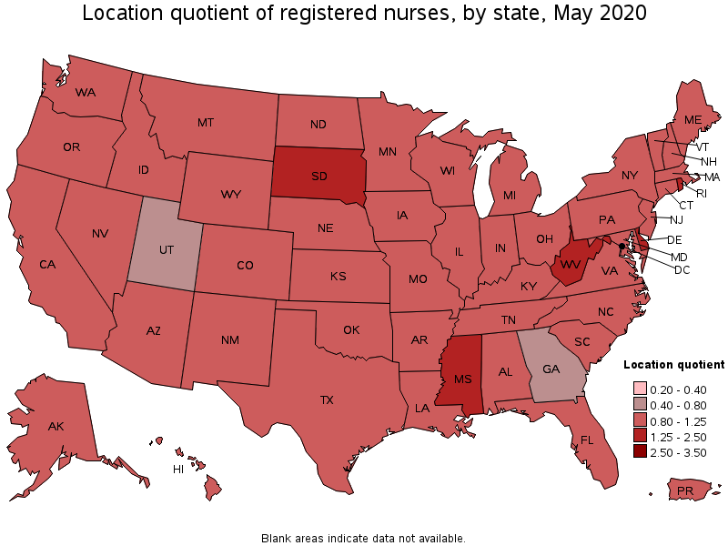 Location Quotient of Registered Nurses, by state, May 2020