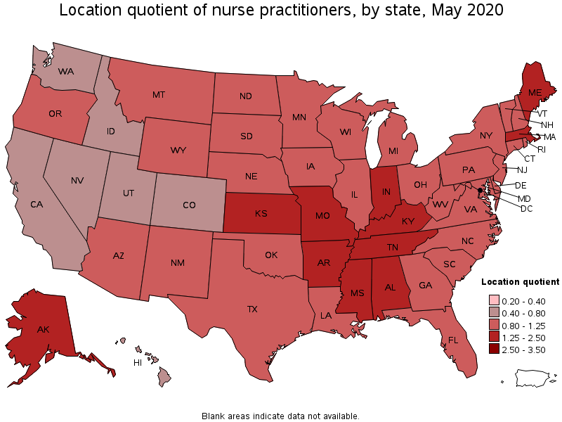 Location Quotient of Nurse Practitioners, by state, May 2020