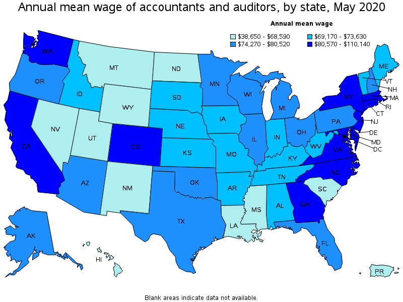 Annual mean wage of Accountants and Auditors by state, May 2020