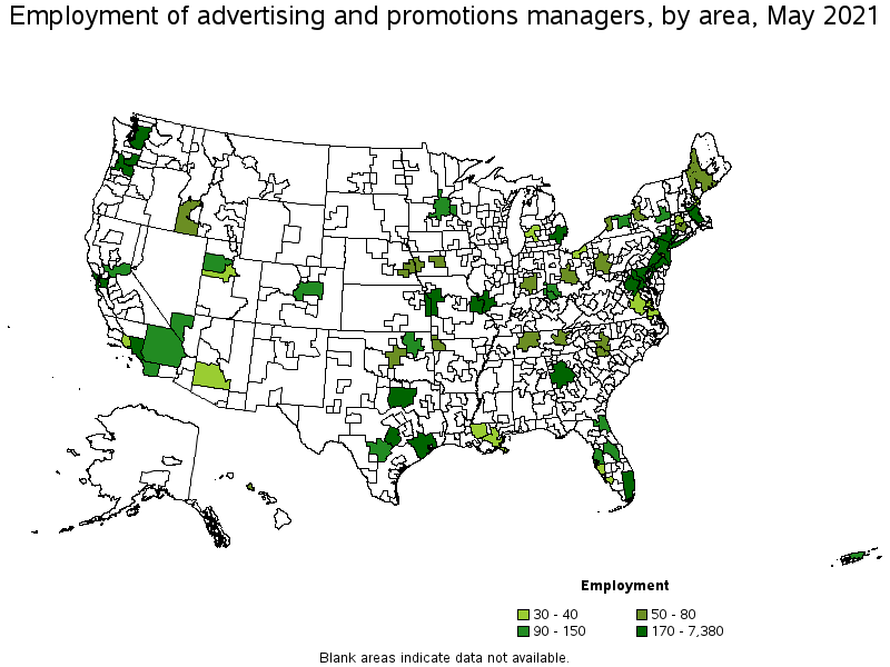 Map of employment of advertising and promotions managers by area, May 2021