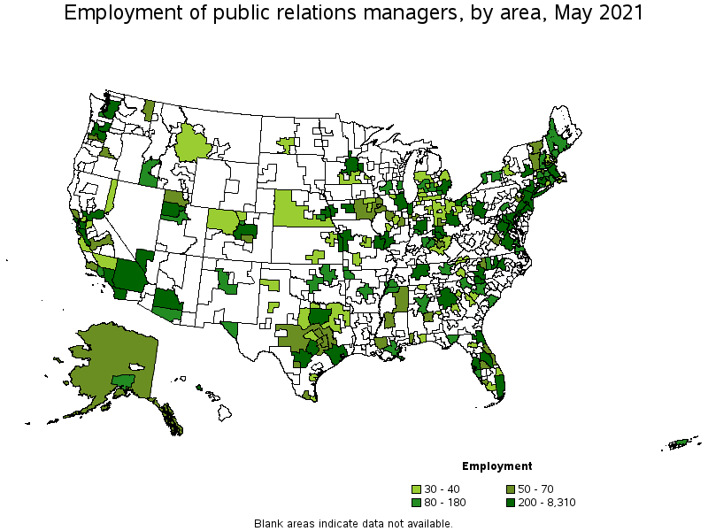 Map of employment of public relations managers by area, May 2021