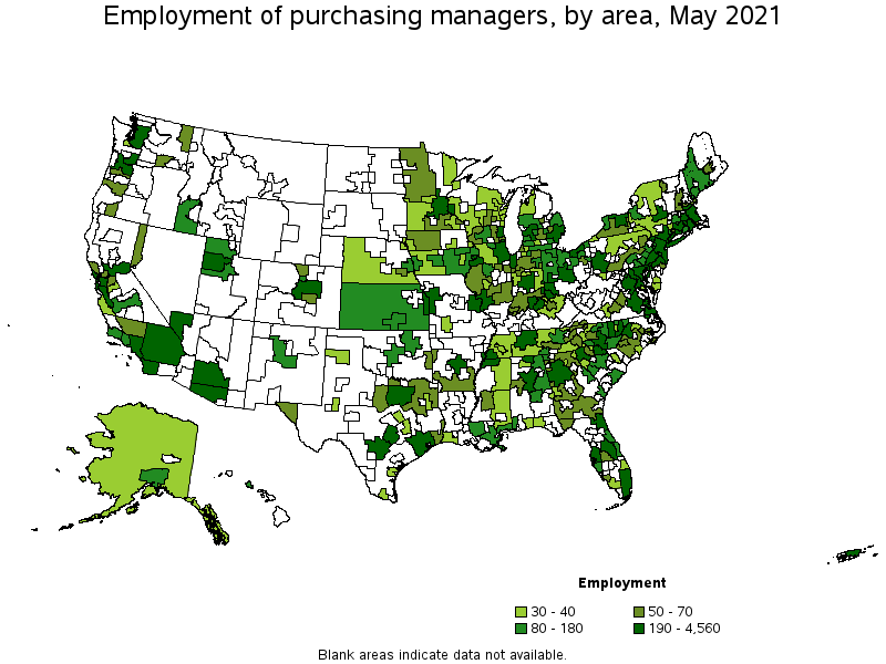 Map of employment of purchasing managers by area, May 2021