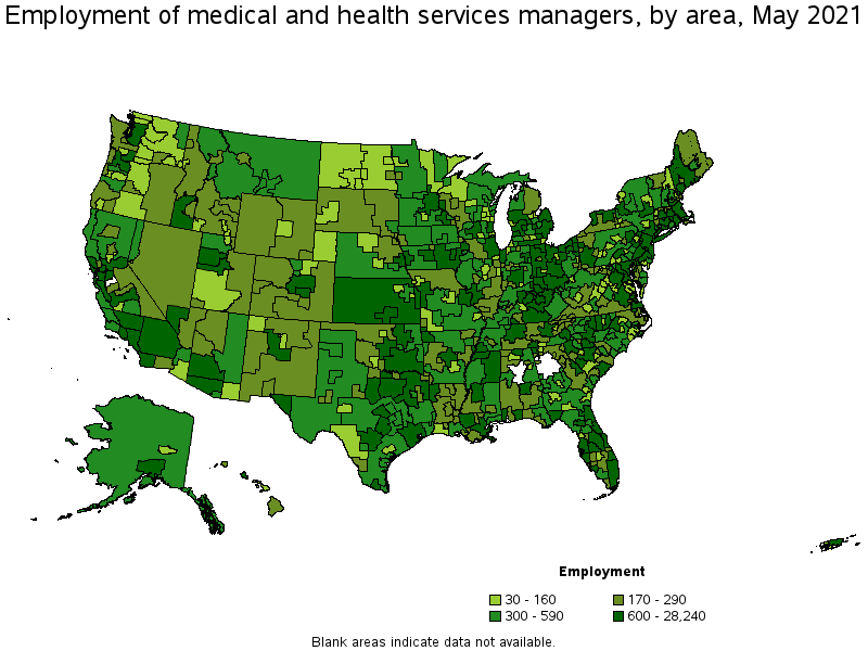 Map of employment of medical and health services managers by area, May 2021