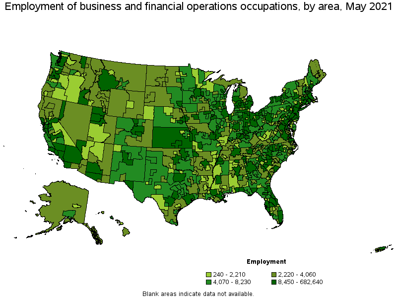 Map of employment of business and financial operations occupations by area, May 2021