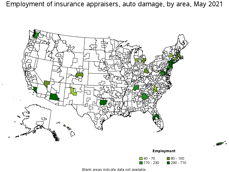 Map of employment of insurance appraisers, auto damage by area, May 2021