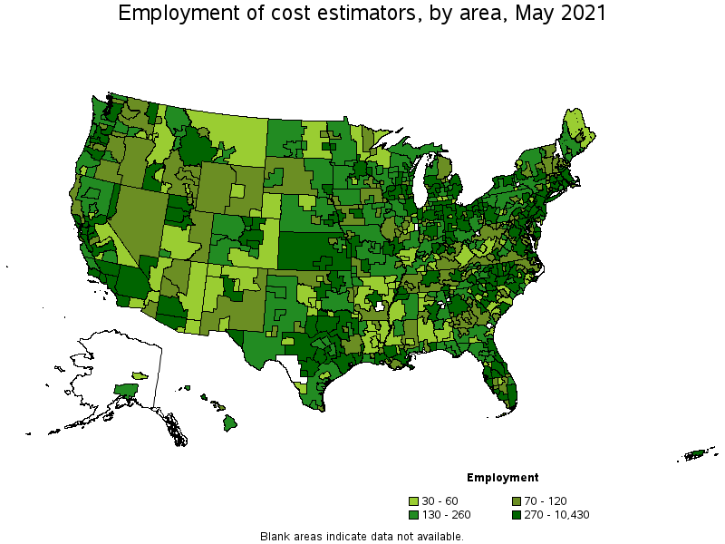 Map of employment of cost estimators by area, May 2021