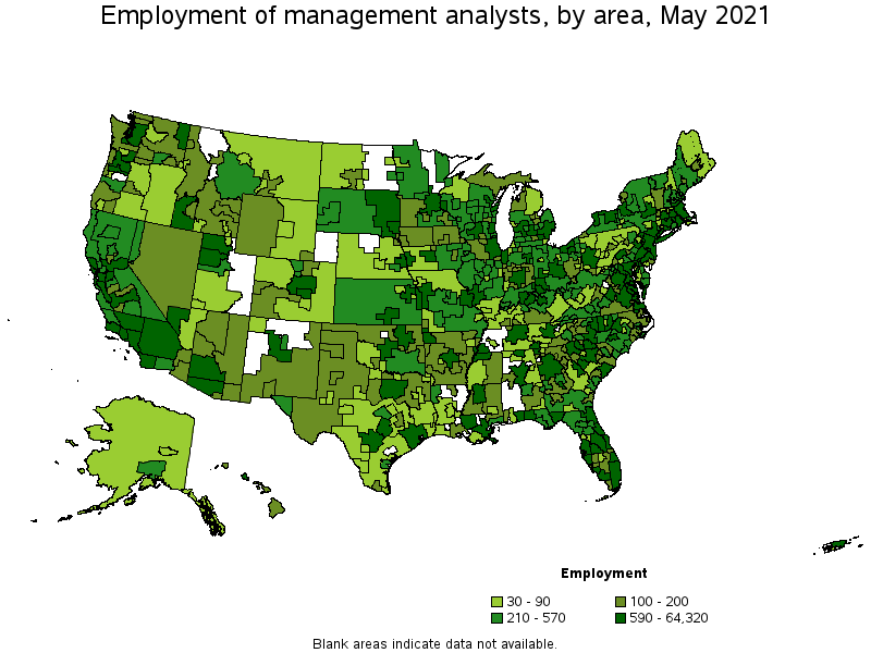 Map of employment of management analysts by area, May 2021