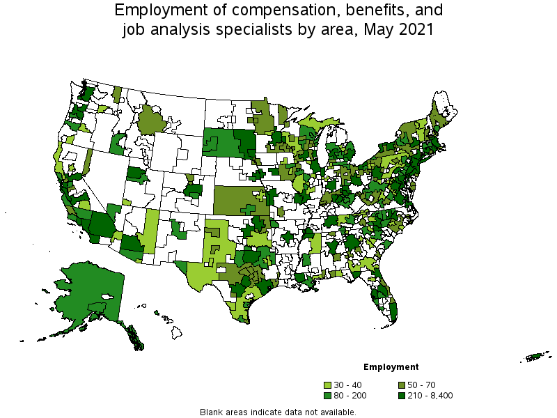 Map of employment of compensation, benefits, and job analysis specialists by area, May 2021