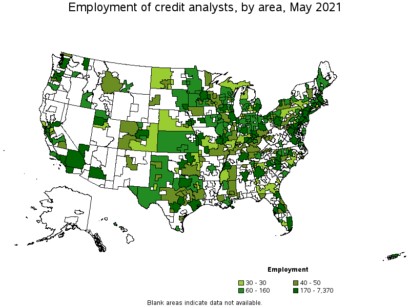 Map of employment of credit analysts by area, May 2021