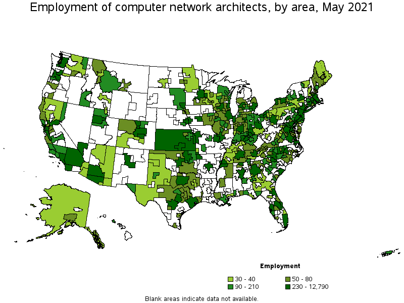 Map of employment of computer network architects by area, May 2021