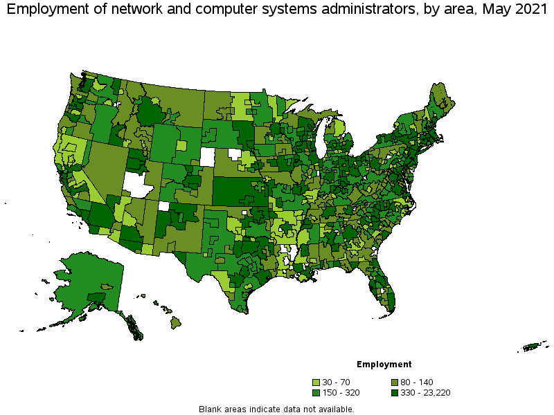 Map of employment of network and computer systems administrators by area, May 2021