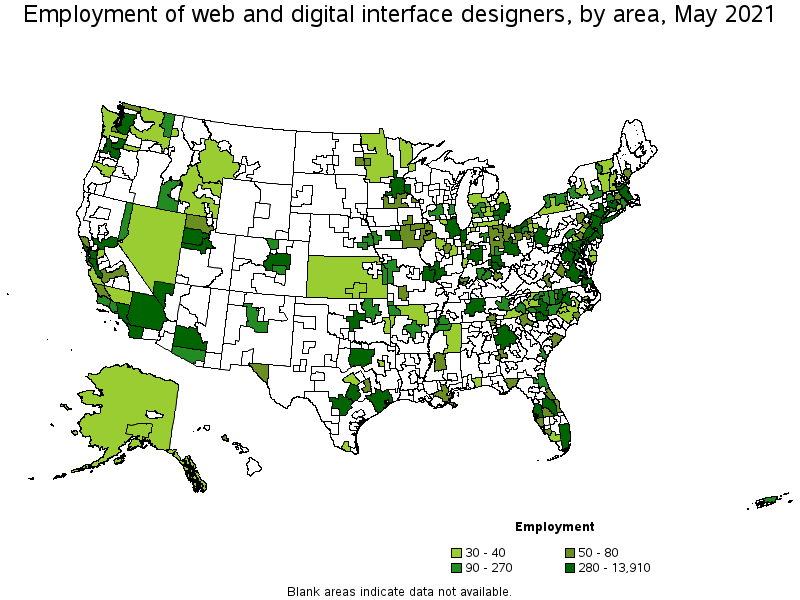 Map of employment of web and digital interface designers by area, May 2021