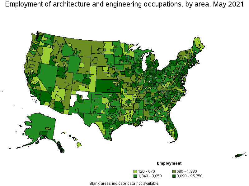 Map of employment of architecture and engineering occupations by area, May 2021