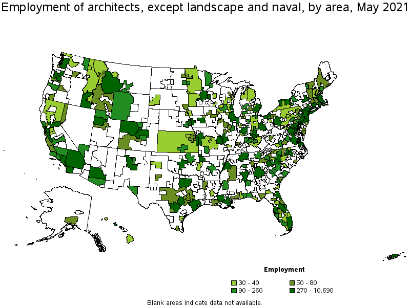 Map of employment of architects, except landscape and naval by area, May 2021