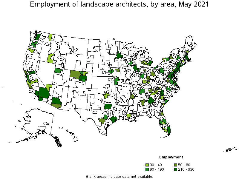 Map of employment of landscape architects by area, May 2021