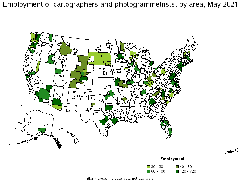 Map of employment of cartographers and photogrammetrists by area, May 2021