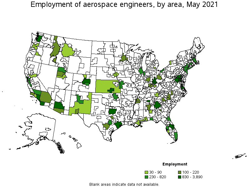 Map of employment of aerospace engineers by area, May 2021