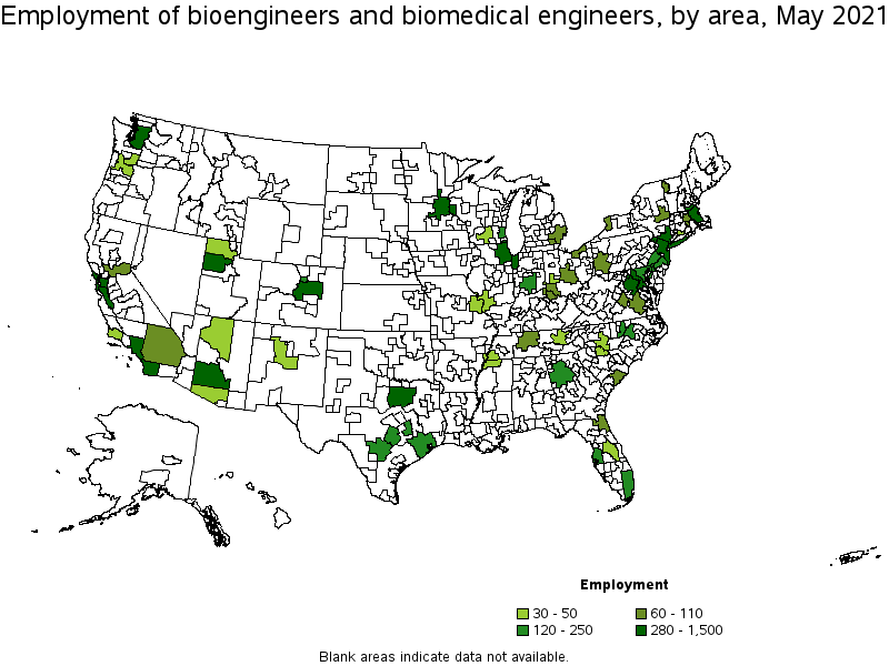 Map of employment of bioengineers and biomedical engineers by area, May 2021