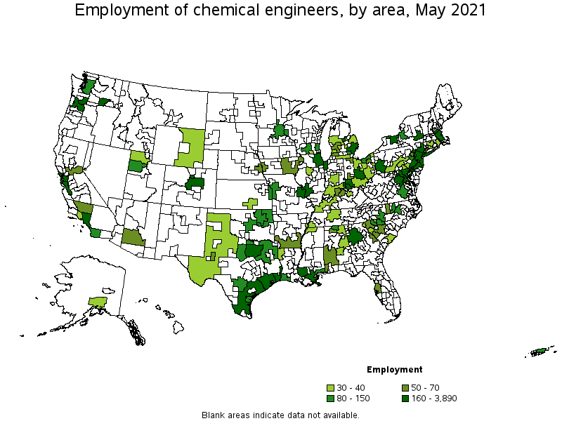 Map of employment of chemical engineers by area, May 2021