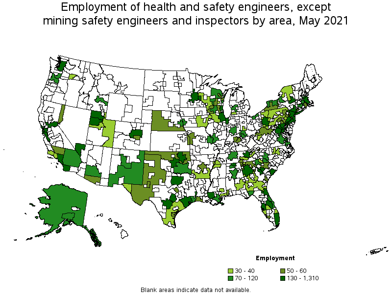 Map of employment of health and safety engineers, except mining safety engineers and inspectors by area, May 2021