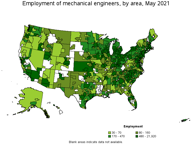 Map of employment of mechanical engineers by area, May 2021