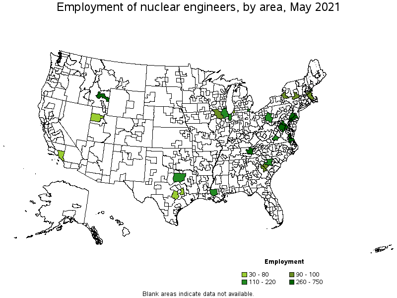 Map of employment of nuclear engineers by area, May 2021