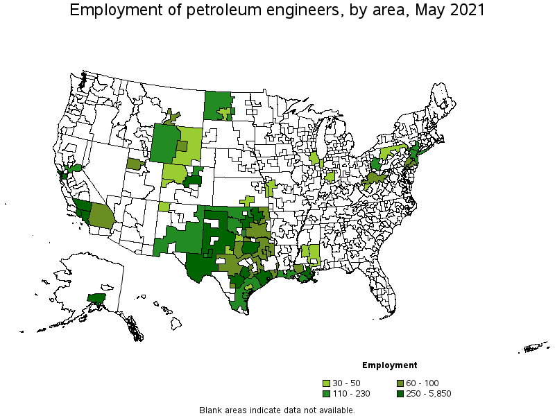 Map of employment of petroleum engineers by area, May 2021