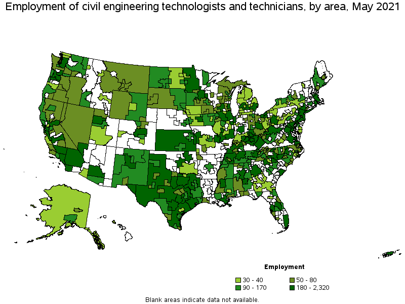 Map of employment of civil engineering technologists and technicians by area, May 2021