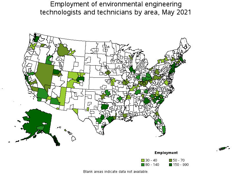Map of employment of environmental engineering technologists and technicians by area, May 2021