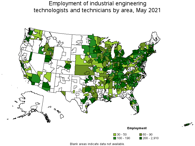 Map of employment of industrial engineering technologists and technicians by area, May 2021