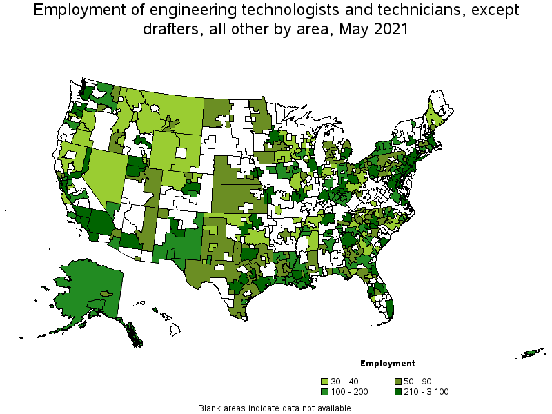 Map of employment of engineering technologists and technicians, except drafters, all other by area, May 2021