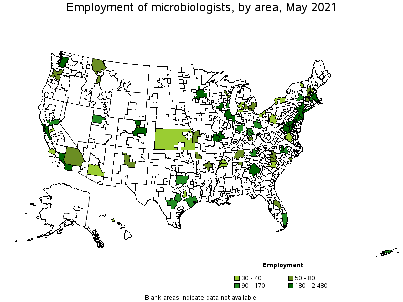 Map of employment of microbiologists by area, May 2021