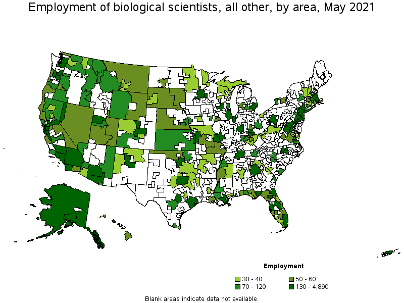 Map of employment of biological scientists, all other by area, May 2021