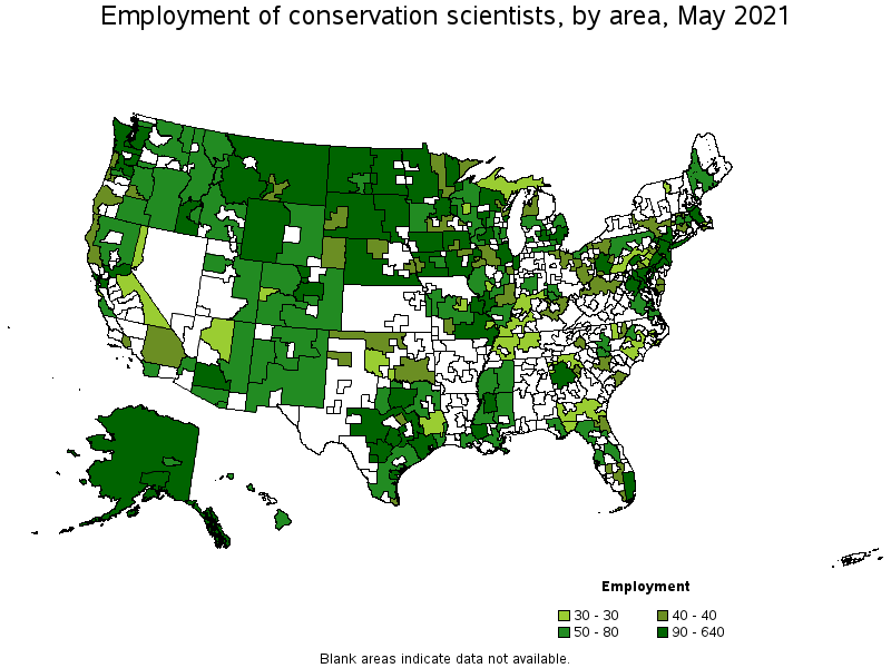 Map of employment of conservation scientists by area, May 2021