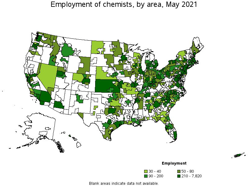 Map of employment of chemists by area, May 2021