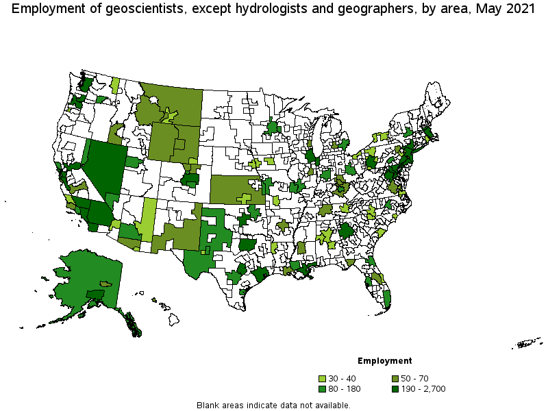 Map of employment of geoscientists, except hydrologists and geographers by area, May 2021