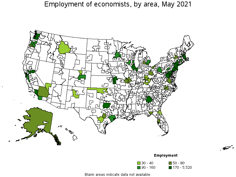 Map of employment of economists by area, May 2021