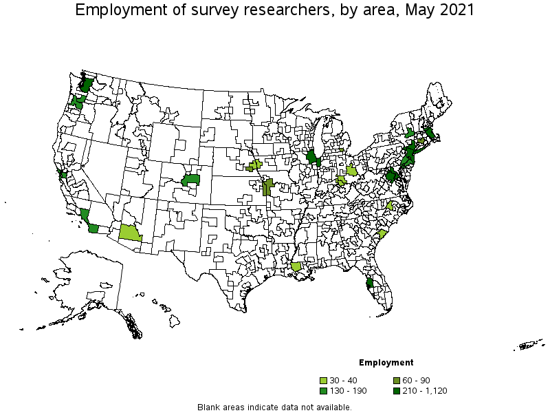 Map of employment of survey researchers by area, May 2021