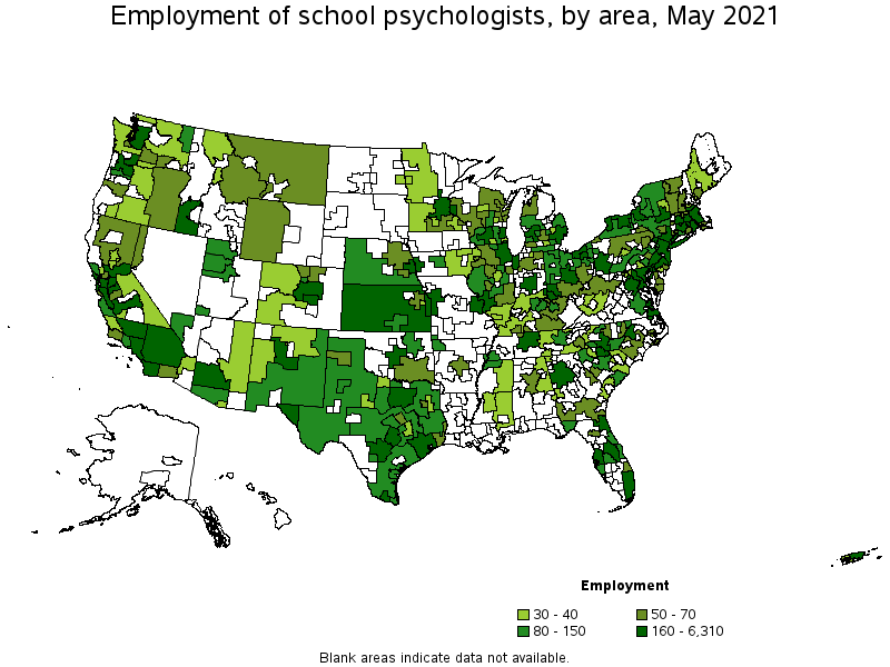 Map of employment of school psychologists by area, May 2021