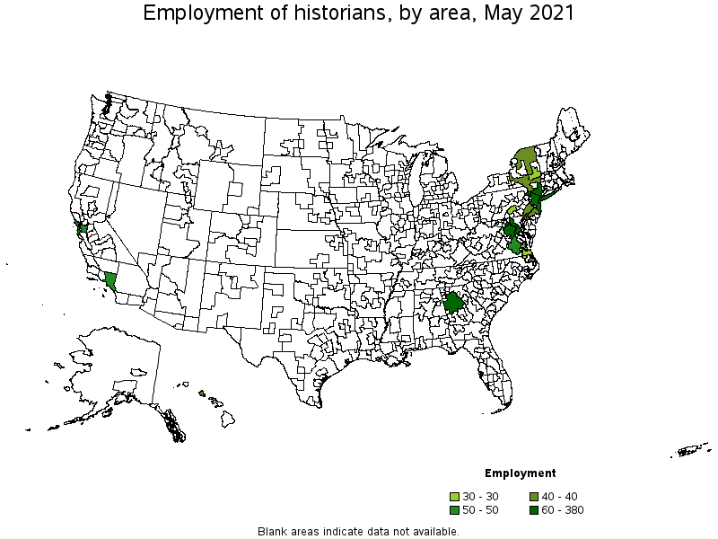 Map of employment of historians by area, May 2021