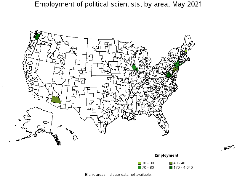 Map of employment of political scientists by area, May 2021