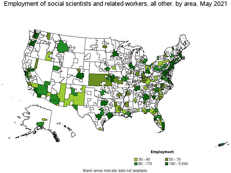 Map of employment of social scientists and related workers, all other by area, May 2021