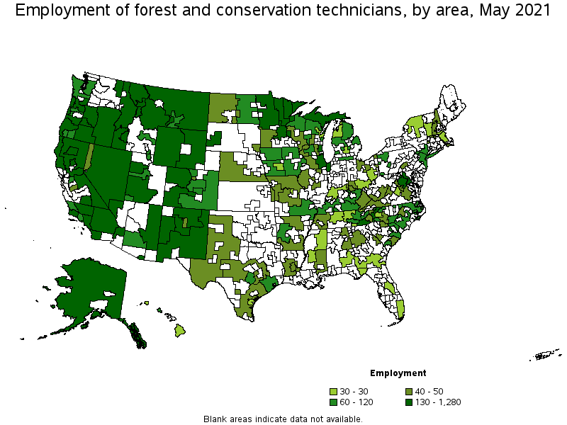 Map of employment of forest and conservation technicians by area, May 2021