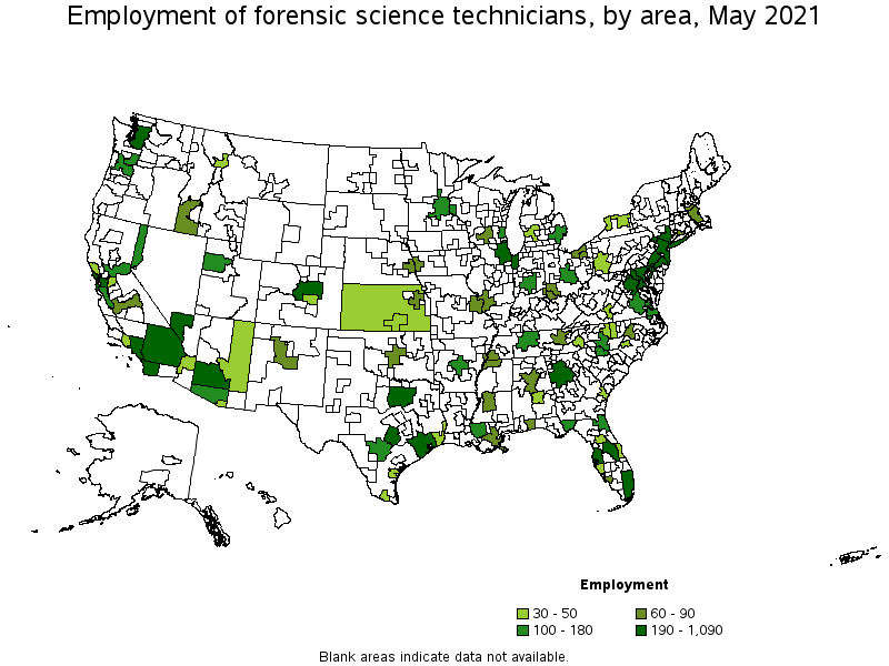 Map of employment of forensic science technicians by area, May 2021