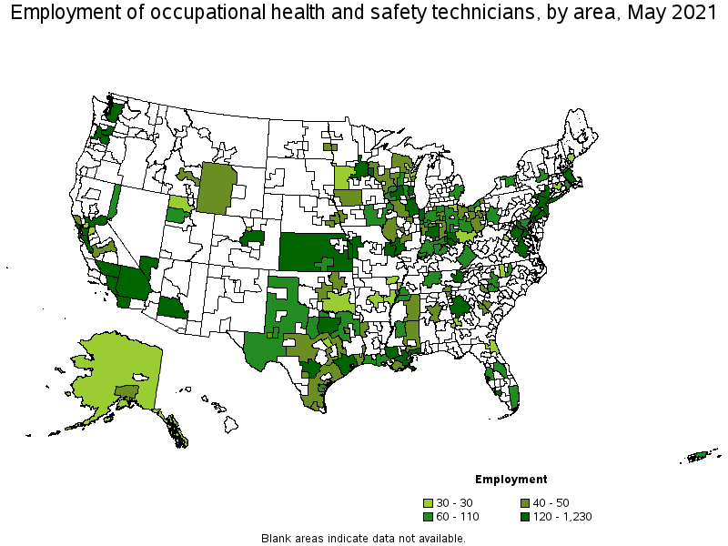 Map of employment of occupational health and safety technicians by area, May 2021